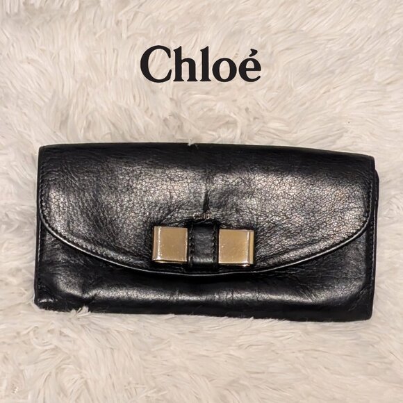 Chloe Handbags - Chloé, Long Wallet Black Leather with Gold Bow Detail